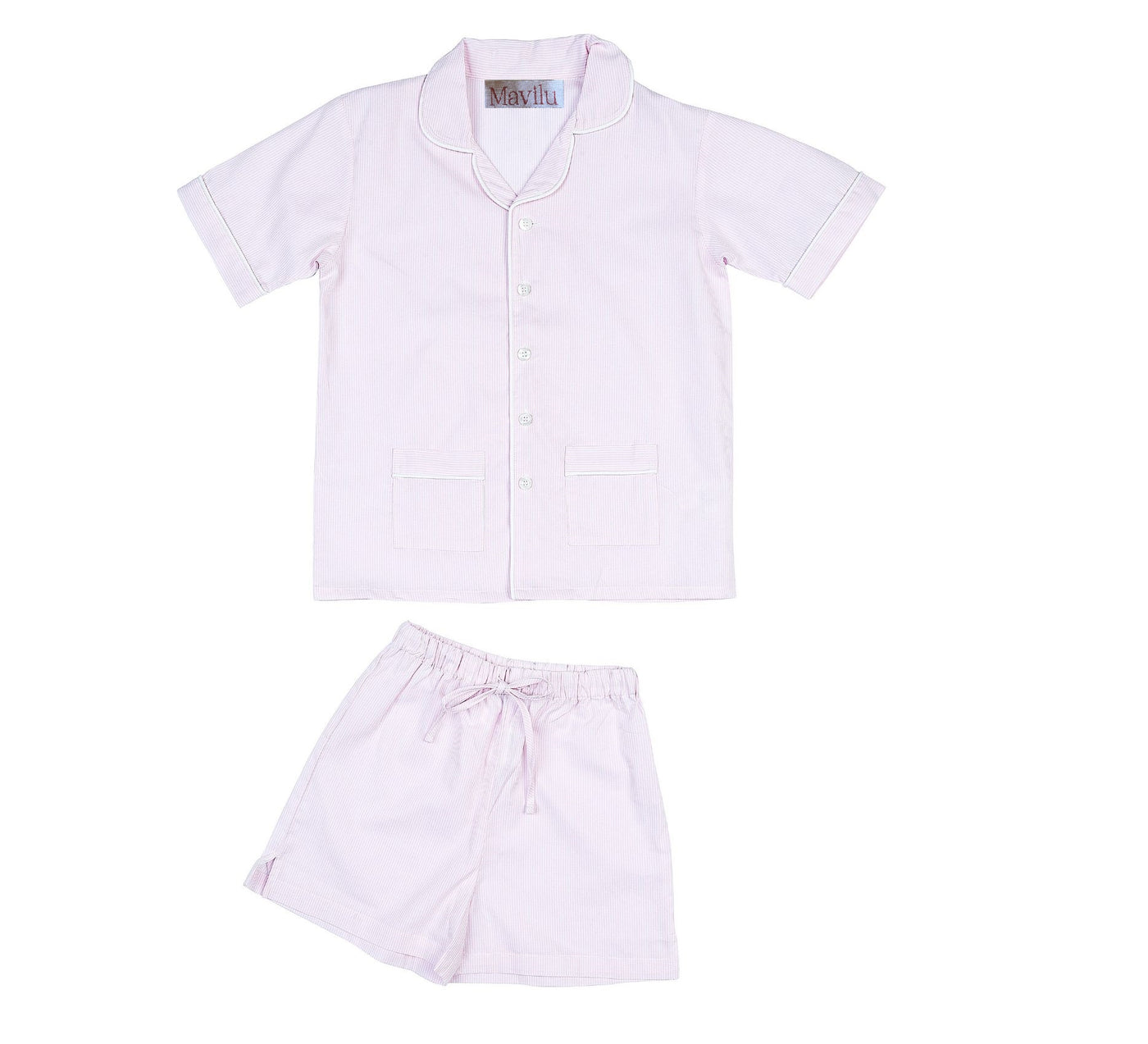 Pigiama Mavilu modello Elena per bambina a righe bianco e rosa con casacca e pantaloni corti. 100% Cotone (copia)