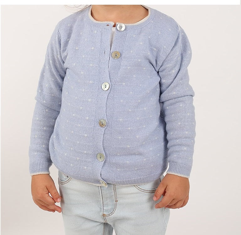 Cardigan Mavilu modello Federica per bambina in misto lana e cashmere con pois e bottoni in madreperla