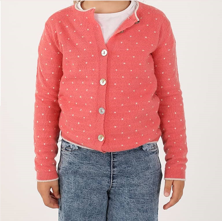 Cardigan Mavilu modello Federica per bambina in misto lana e cashmere con pois e bottoni in madreperla