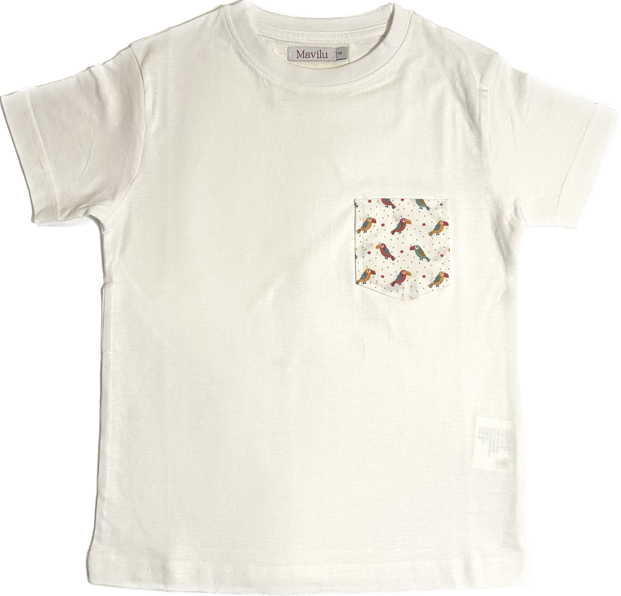 T-shirt Mavilu per bambini con tasca a contrasto in fantasia con simpaticissimi pappagalli colorati in 100% Cotone