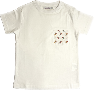 T-shirt Mavilu per bambini con tasca a contrasto in fantasia con simpaticissimi pappagalli colorati in 100% Cotone